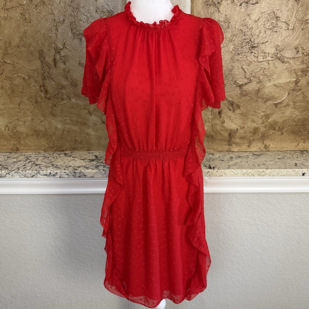 ML Monique Lhuillier Dress Womens 6 Red Ruffle‎ Textured Sheer Mini Party